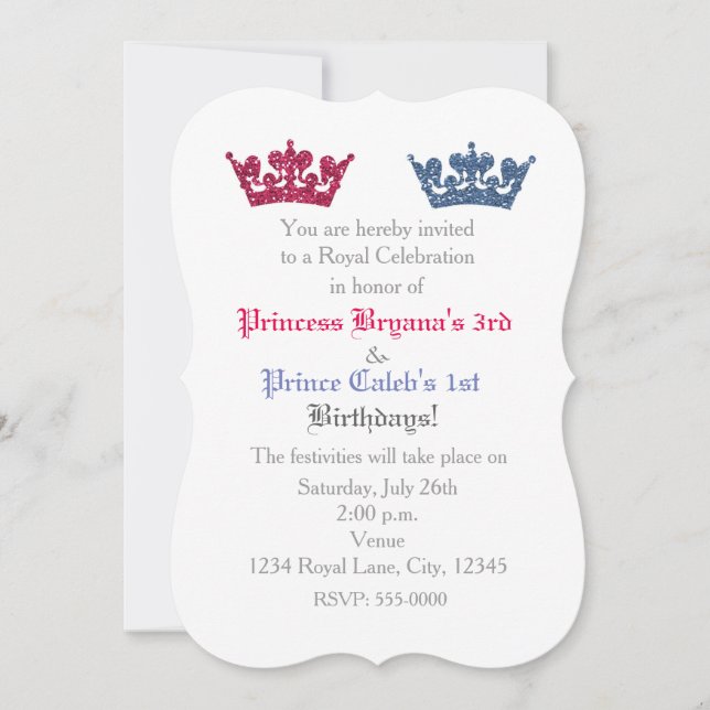 Prince & Princess Crowns Twins Party Invitation (Front)