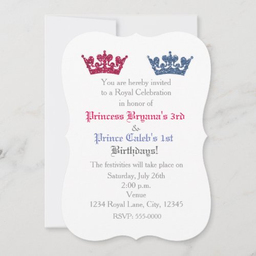 Prince  Princess Crowns Twins Party Invitation