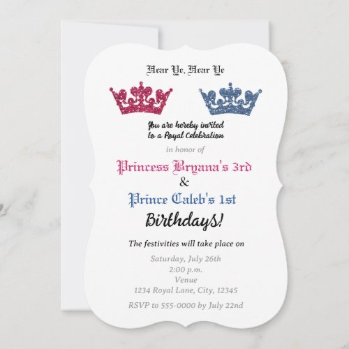 Prince  Princess Crowns Twins Party Invitation