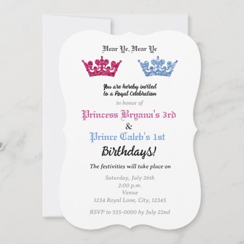 Prince Princess Crowns Twins Party Pink  Blue Invitation