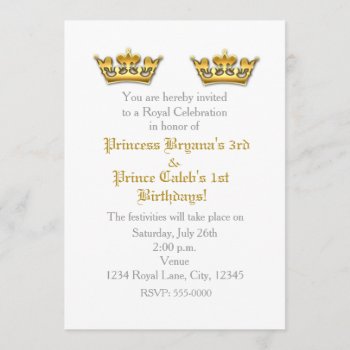 Prince Princess Gold Crowns Twins Party Invitation by printabledigidesigns at Zazzle