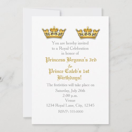 Prince Princess Gold Crowns Twins Party Invitation