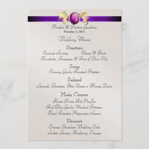 Prince  Princess Purple Jewel Crest Wedding Menu