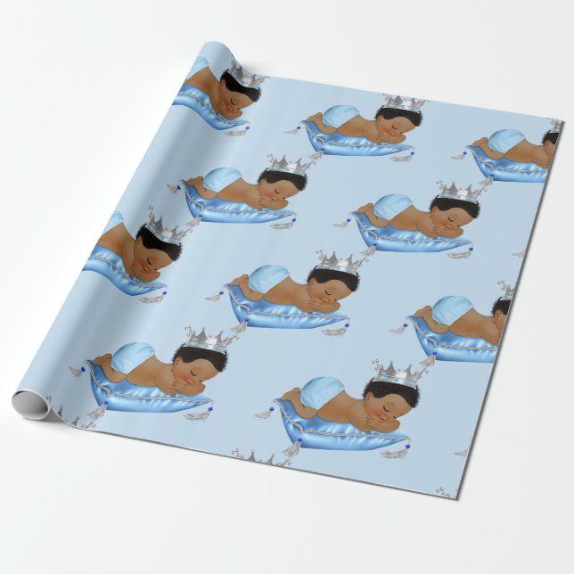 Prince Royal Baby Blue & Silver Pillow Boy Wrapping Paper (Unrolled)