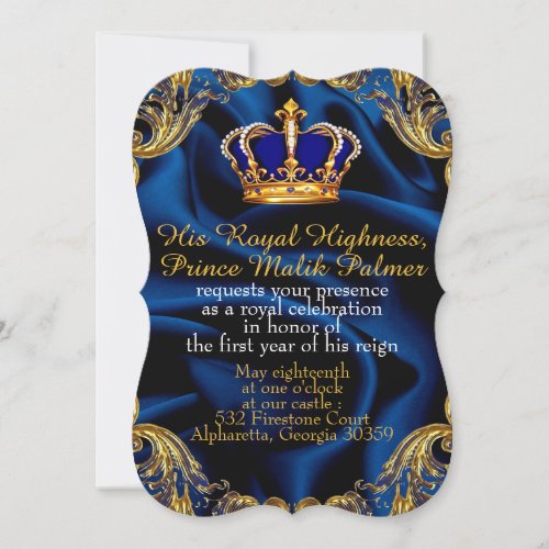 Prince Royal blue and gold crown and silk Invitati Invitation