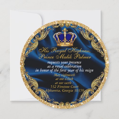 Prince Royal blue and gold crown and silk Invitati Invitation