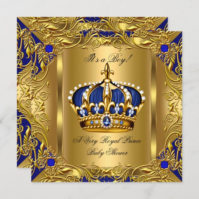 Prince Royal Blue Baby Shower Boy Regal Gold 3 Invitation (Front/Back)