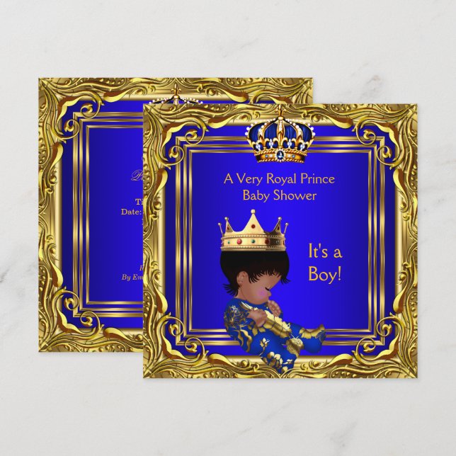 Prince Royal Blue Baby Shower Gold Boy Ethnic Invitation (Front/Back)