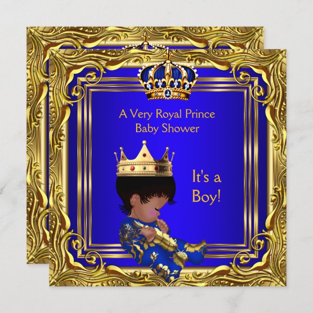 Prince Royal Blue Baby Shower Gold Boy Ethnic Invitation (Front/Back)