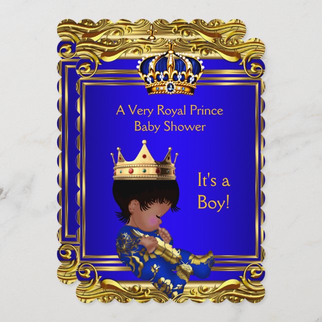 Prince Royal Blue Baby Shower Gold Boy Ethnic Invitation (Front/Back)
