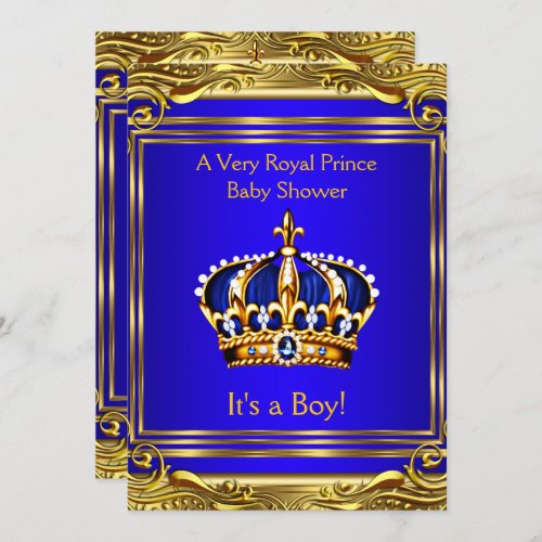 Prince Royal Blue Baby Shower Gold Boy Invitation