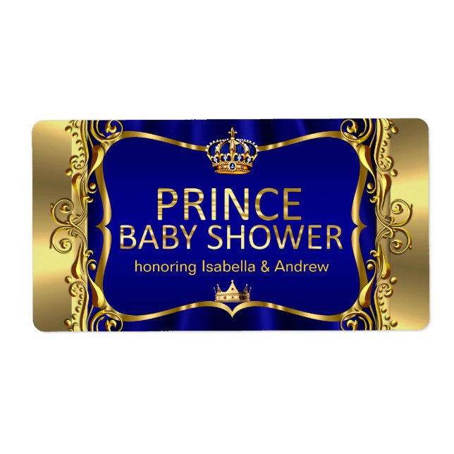 Prince Royal Blue Baby Shower Gold Boy Label (Front)
