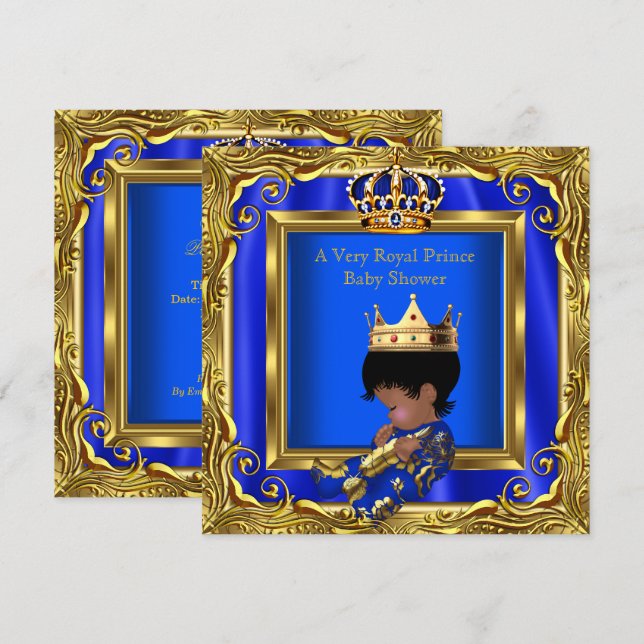 Prince Royal Blue Baby Shower Gold Frame Boy Invitation (Front/Back)