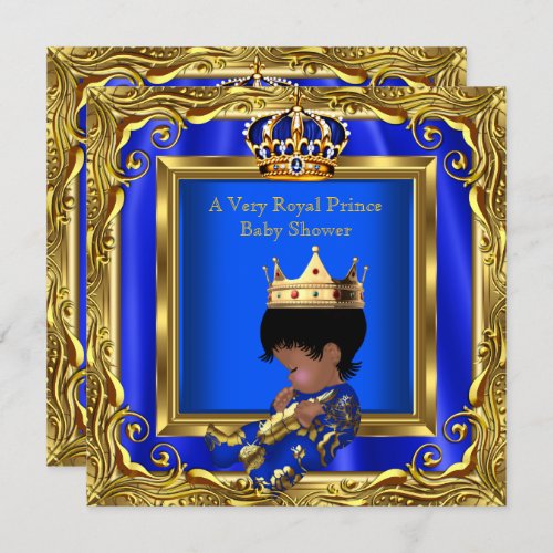 Prince Royal Blue Baby Shower Gold Frame Boy Invitation