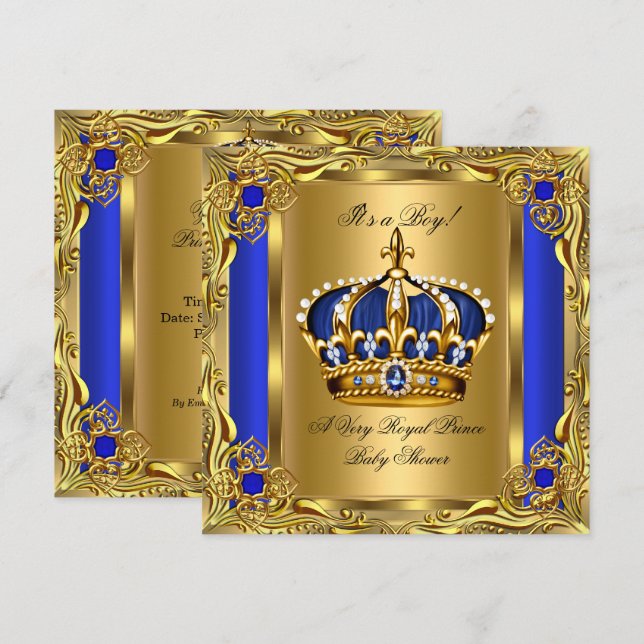 Prince Royal Blue Baby Shower Regal Gold Boy Invitation (Front/Back)