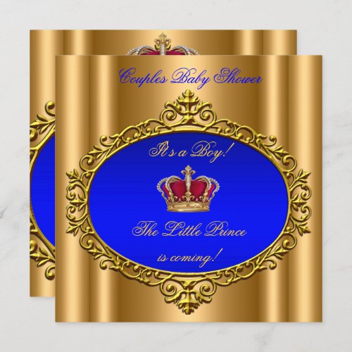 Prince Royal Blue Boy Baby Shower Crown Gold Invitation