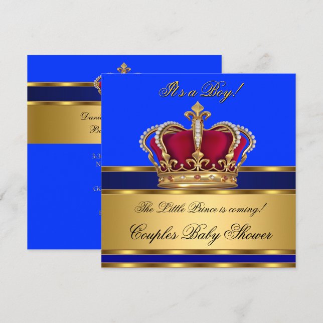 Prince Royal Blue Boy Baby Shower Crown Invitation (Front/Back)