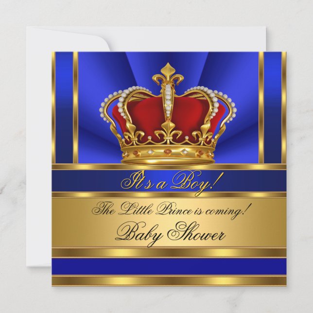 Prince Royal Blue Boy Baby Shower Red Gold Crown Invitation (Front)