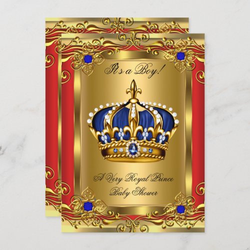 Prince Royal Blue Boy Baby Shower Regal Red Gold 2 Invitation