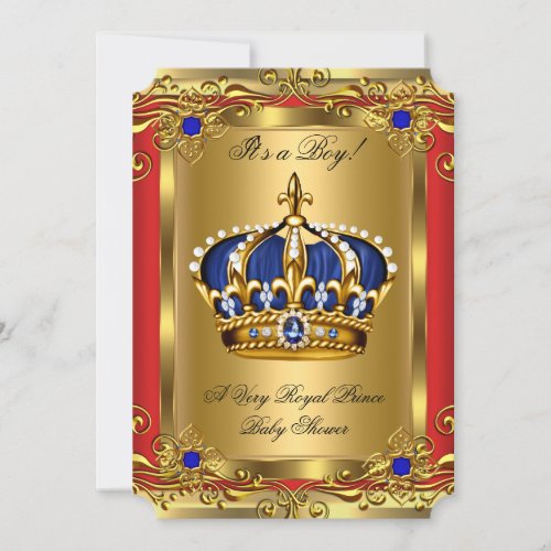 Prince Royal Blue Boy Baby Shower Regal Red Gold 2 Invitation