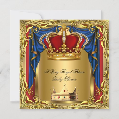 Prince Royal Blue Boy Baby Shower Regal Red Gold 2 Invitation
