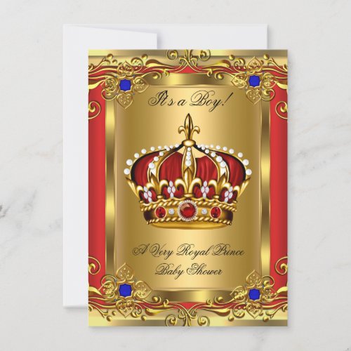 Prince Royal Blue Boy Baby Shower Regal Red Gold 3 Invitation