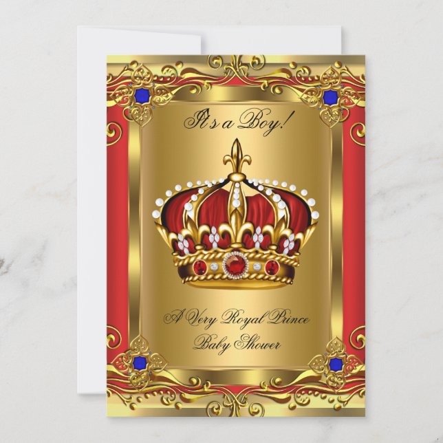 Prince Royal Blue Boy Baby Shower Regal Red Gold 3 Invitation (Front)