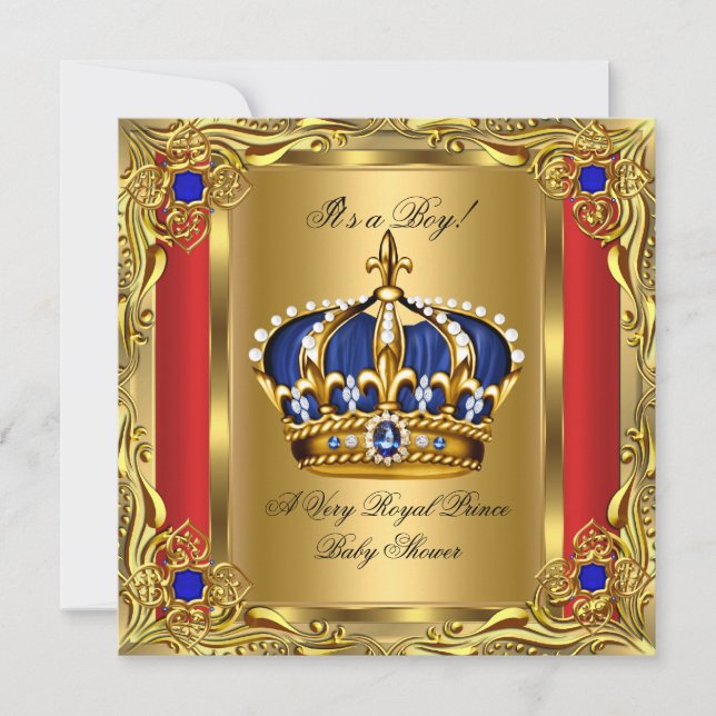 Prince Royal Blue Boy Baby Shower Regal Red Gold Invitation (Front)