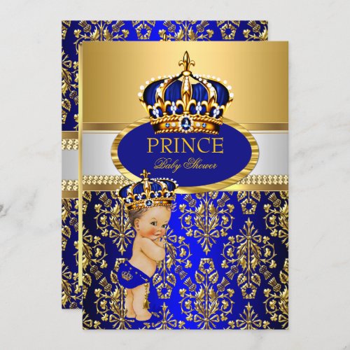 Prince Royal Blue Crown Baby Shower Brunette Boy Invitation
