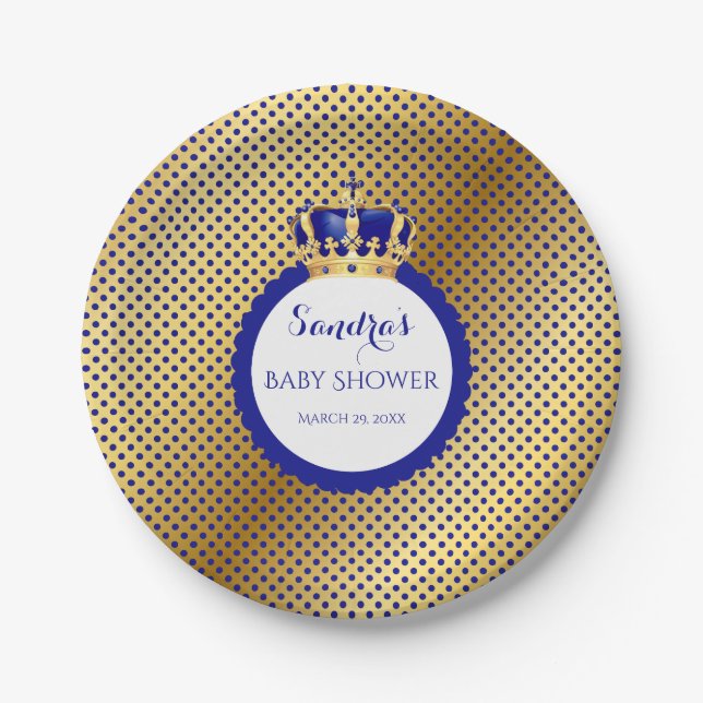 Prince Royal Blue Gold Crown Paper Plates (Front)