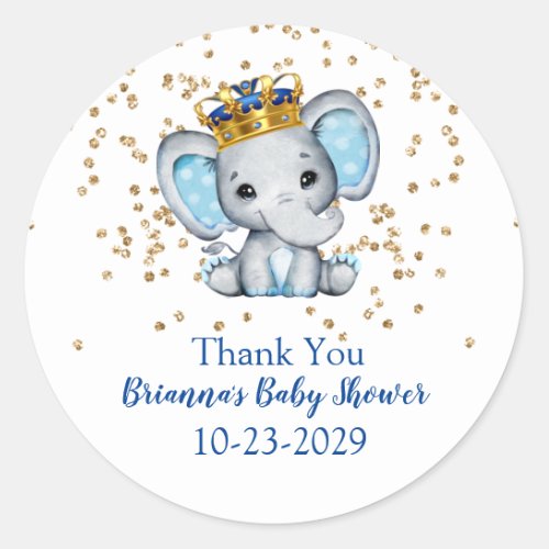 Prince Royal Blue Gold Elephant Boy Baby Shower Classic Round Sticker