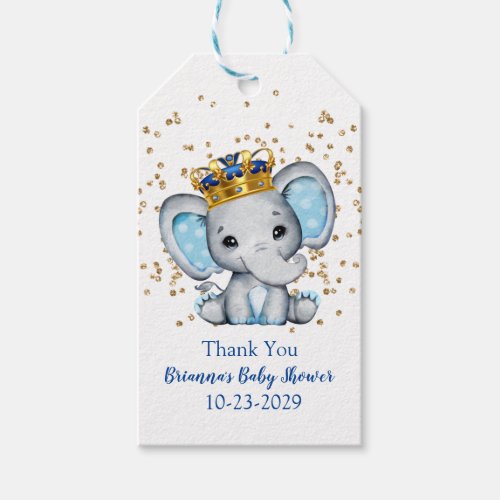 Prince Royal Blue Gold Elephant Boy Baby Shower Gift Tags