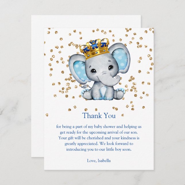 Prince Royal Blue Gold Elephant Boy Baby Shower Invitation (Front/Back)