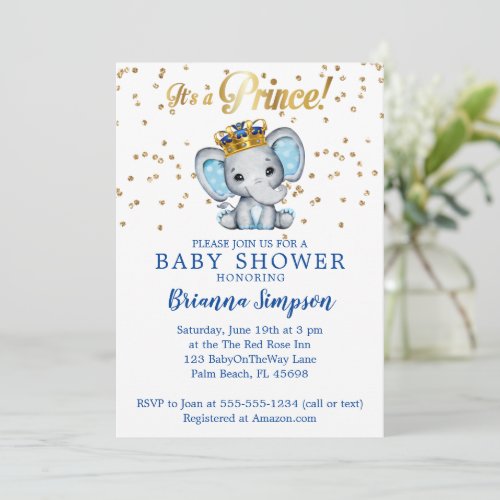Prince Royal Blue Gold Elephant Boy Baby Shower Invitation