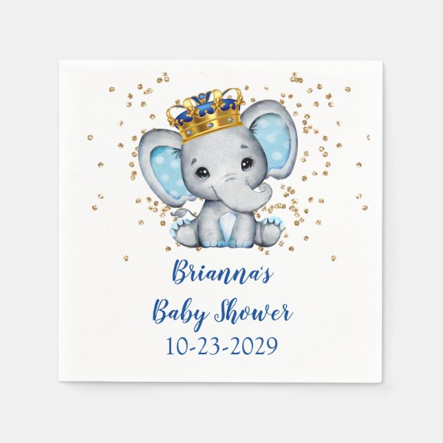 Prince Royal Blue Gold Elephant Boy Baby Shower Napkins (Front)