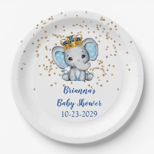Prince Royal Blue Gold Elephant Boy Baby Shower Pa Paper Plates