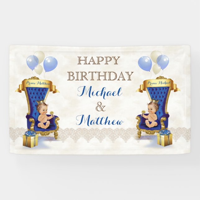 Prince Royal Blue Gold Throne Twins Boy Customized Banner (Horizontal)