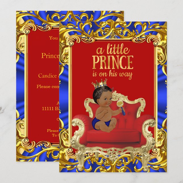 Prince Royal Blue Red Throne Baby Shower Ethnic Invitation (Front/Back)