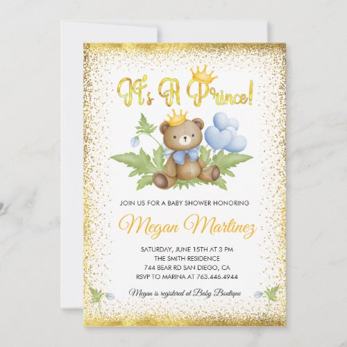 Prince Royal Gold Little Bear Boy Baby Shower Invitation