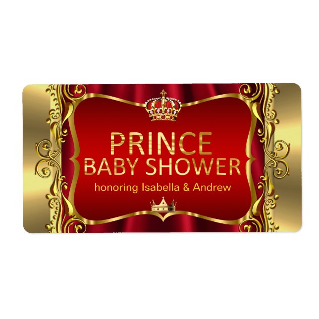 Prince Royal Red Baby Shower Gold Boy Label (Front)