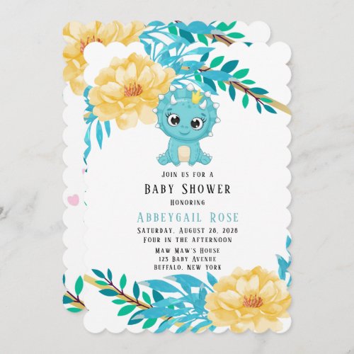 Prince Teal and Yellow Dinosaur Boy Baby Shower  Invitation