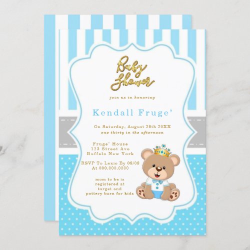 Prince Teddy Bear Baby Boy Shower Invites