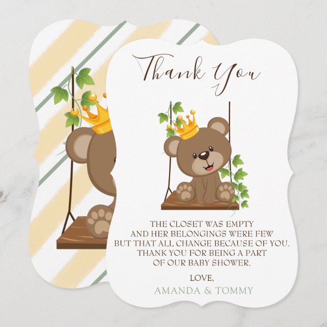 Prince Teddy Bear Swing Baby Shower Thank You Card (Front/Back)