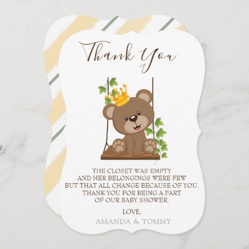 Prince Teddy Bear Swing Baby Shower Thank You Card