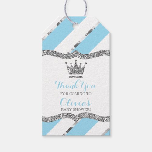 Prince Thank You Tag Blue Faux Glitter Crown Gift Tags
