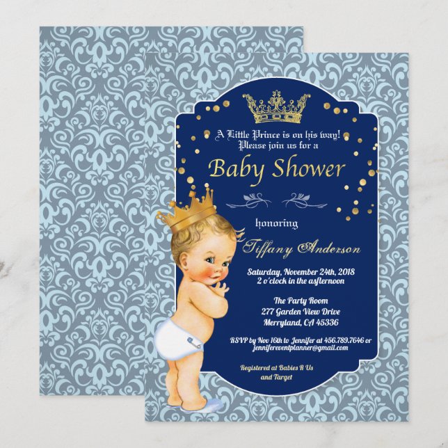 Prince vintage baby shower royal blue invitation (Front/Back)