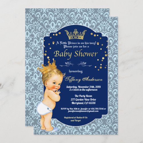 Prince vintage baby shower royal blue invitation