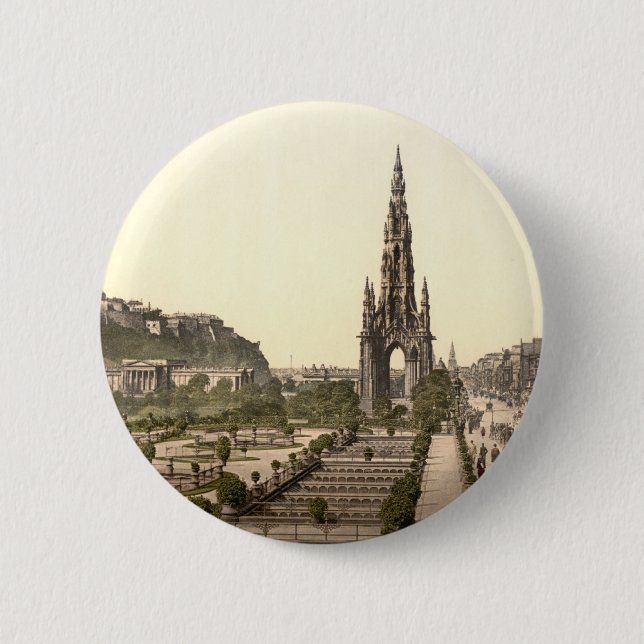 Princes Street, the Castle, and Scott Monument Pinback Button (Front)