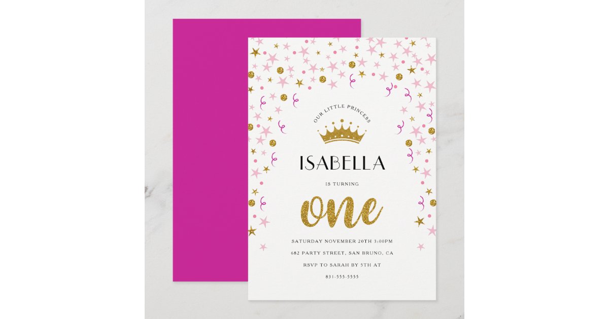 Princess 1st Birthday | Gold & Pink Confetti Invitation | Zazzle
