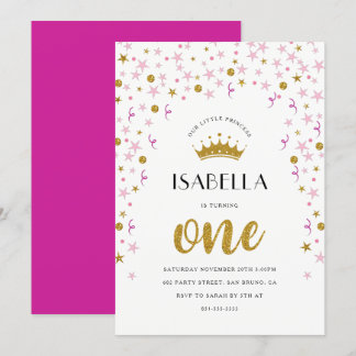Princess 1st Birthday | Gold & Pink Confetti Invitation